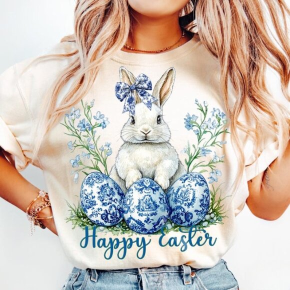 Tops - Blue Easter Bunny Tee, Floral Toile Rabbit Tee